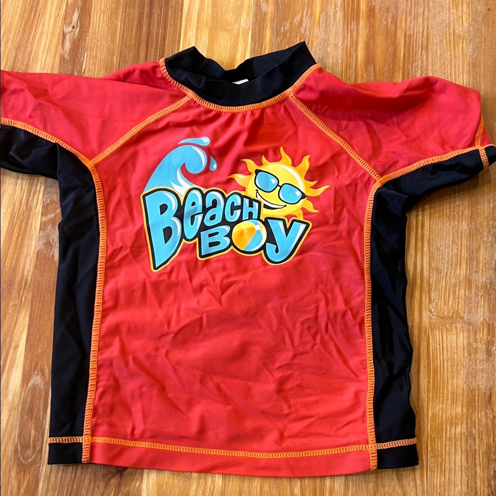 Beach Boy Kids' Red and Black Short-Sleeve Rash Guard